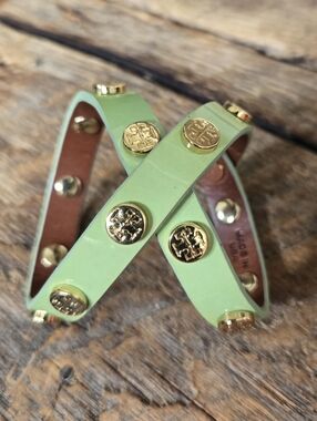 Tory Burch Green Leather Logo-Stud Bracelet